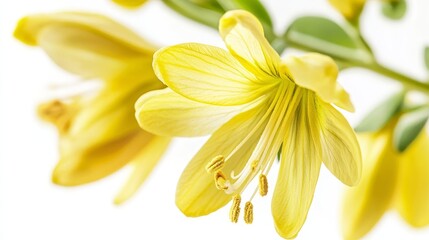 Obraz premium Close-up of yellow lily blossom on bright background