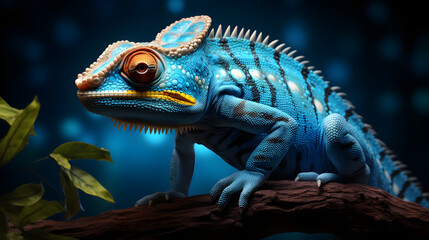 Fototapeta premium A vibrant blue chameleon perched on a branch, showcasing its intricate features and vivid colors in a mystical setting.