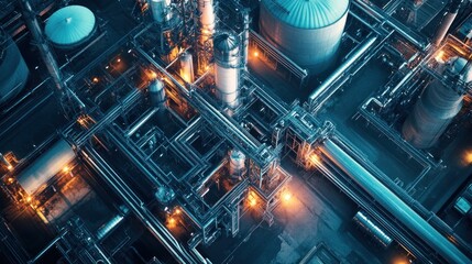 Aerial view of a large industrial complex with numerous pipes, tanks, and machinery, illuminated by spotlights.
