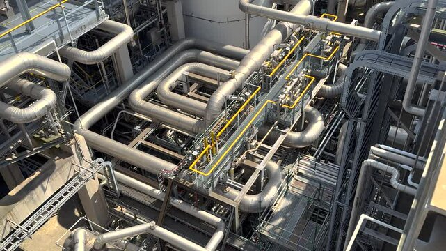 Panorama inside of the interior of a chemical plant or oil refinery. Pipeline structure, heavy equipment in process area. Steel tanks and boilers with cables, pipelines and valves for chemical mixing