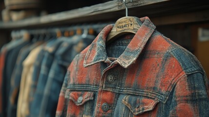Vintage flannel jacket hanging on display in a cozy shop