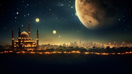Naklejka premium : serene night view of a crescent moon over a mosque during ramadan