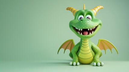 Fototapeta premium A cute cartoon dragon with big teeth and eyes smiles at the camera.