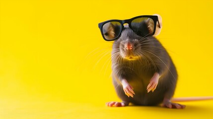 rat wearing sunglasses on a yellow color background, vector art, digital art, faceted, minimal, abstract, panorama background. Generative AI.