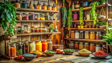 Fototapeta premium Vibrant Collection of Colorful Spices and Culinary Ingredients Showcasing the Art of Flavorful Cooking in a Rustic Kitchen Setting with Fresh Herbs and Exotic Seasonings