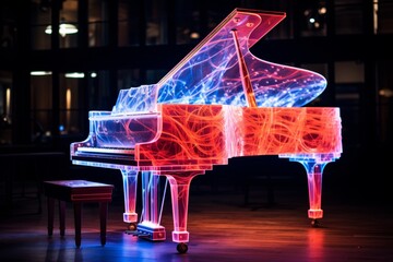 Vibrant light trails shaping musical notes emanating from a piano or musical instrument