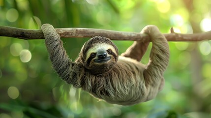 Fototapeta premium A sloth hanging upside down on a tree branch, looking directly at the camera.
