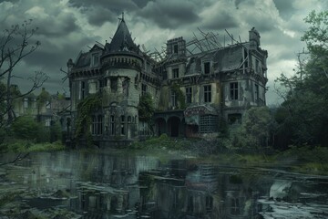 Obraz premium Abandoned haunted mansion is reflecting in swamp on a stormy day