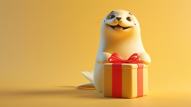 A cartoon seal pup is sitting with a gift in front of it on a yellow background.
