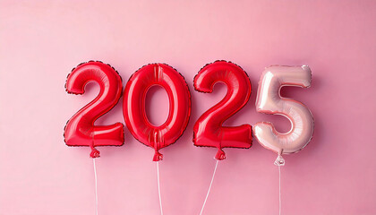 2025 red and pink foil balloons isolated on pink background, new year celebration party background, 3d rendering