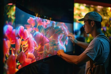 Obraz premium Young man is interacting with a large touchscreen display showing colorful flowers in an exhibition