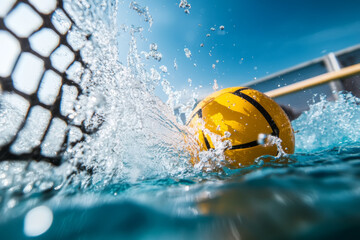 A water polo ball splashes into the goal during a competitive match under clear skies at a sunny outdoor pool
