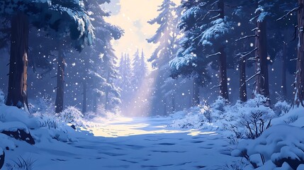 A snowy path winds through a dense, sun-dappled forest