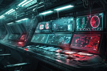 Futuristic spaceship control room with multiple screens displaying complex data and information