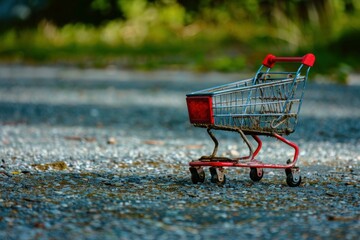 Abandoned miniature shopping cart sitting on a gravel road