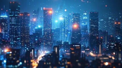 Fototapeta premium A futuristic city at night, full of glowing lights.