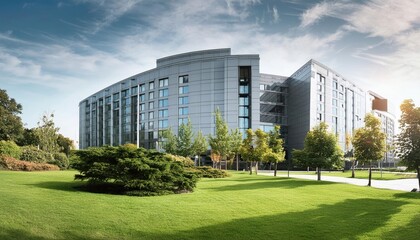 Modern Low-Rise Glass Office Building in Business District with Green Lawn and Park View
