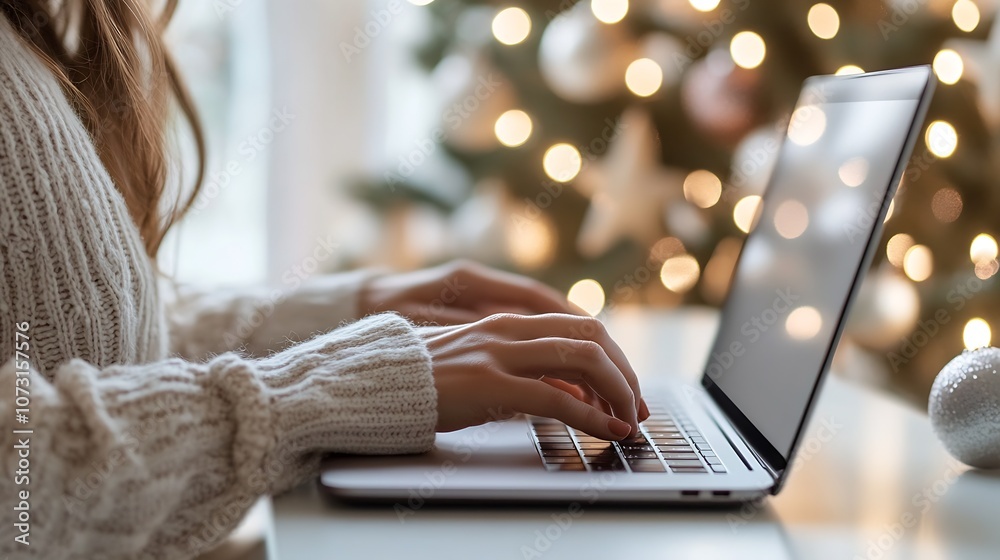 Poster woman typing on laptop with bokeh christmas tree lights in background : generative ai