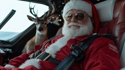 Santa, dressed in aviator gear, confidently relaxes in a jet cabin with a reindeer co-pilot beside him, capturing festive adventure and modern magic.