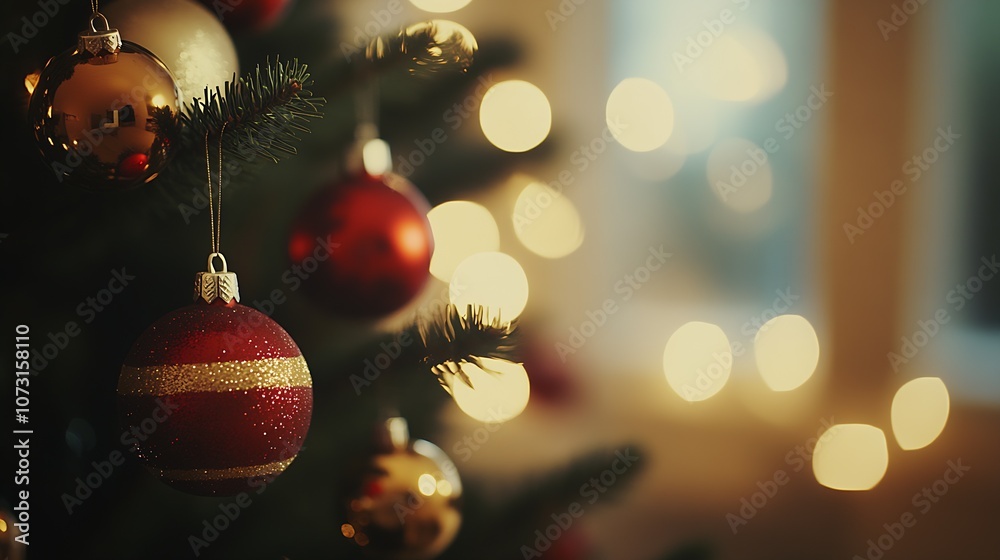 Poster close-up of festive christmas tree with glowing bokeh lights and colorful ornaments on a cozy evenin