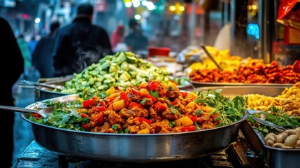 Obraz premium Vibrant Kebab Platter with Fresh Vegetables at Market