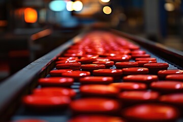 Minimalistic Industrial Factory Conveyor with Red Products for Manufacturing Design