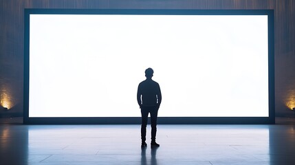 Fototapeta premium Silhouette of Person Standing in Front of Large Blank Screen in Dark Hallway : Generative AI