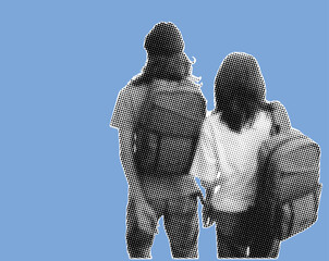 Rear view couple of students with backpack walking away pixelate grayscale color halftone dotted texture style collage element isolated on blue background