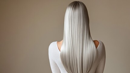 Obraz premium Back view of a woman with long, straight, silver hair. (1)