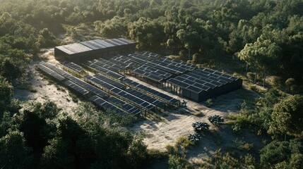 An aerial view of a solar panel farm nestled in a lush forest, a sustainable energy solution.
