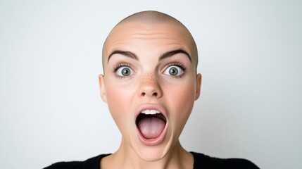 Woman with a shaved head and a surprised expression on her face. Concept of shock or surprise