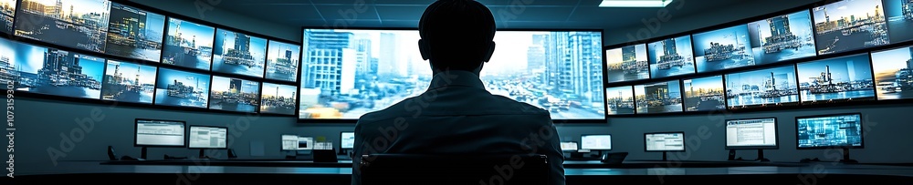 Poster Businessman Observing Multiple Surveillance Monitors in High-Tech Control Room : Generative AI