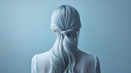 Back view of a woman with long, silver hair.