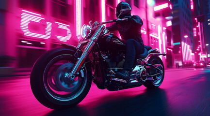 A motorcycle rider cruises through a city street at night, bathed in the glow of vibrant pink neon signs