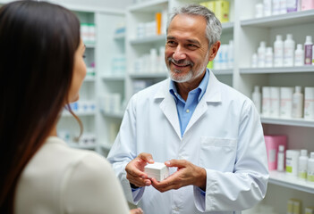 Obraz premium Friendly pharmacist assisting customer in modern pharmacy setting