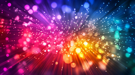 Obraz premium A burst of colorful lights creates a dazzling display of light beams and bokeh. The background is dark, highlighting the bright, vibrant colors of the light