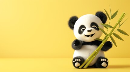 A cute cartoon panda holding bamboo on a yellow background.