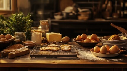 A rustic kitchen table with ingredients for baking Christmas cookies, including flour, eggs, sugar, butter, and spices. The cookies are on a wire rack and dusted with powdered sugar.