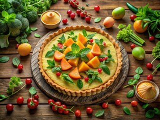 Surreal cantaloupe pie with fresh mint graces a rustic wooden table, artfully surrounded by colorful, natural foods, inviting culinary enthusiasts to savor this vibrant spectacle.