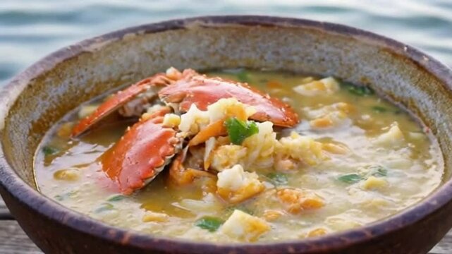 crab soup in rustic bowl with tender crab meat and creamy texture, close-up of rich and creamy maryland crab soup with vegetables and tender crab