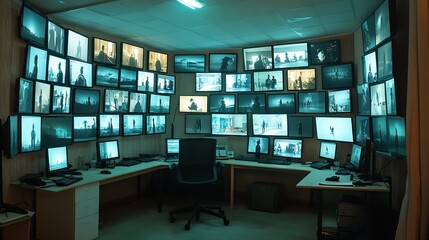 Advanced surveillance control center with numerous monitors tracking security operations : Generative AI