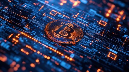A close-up of a Bitcoin symbol on a digital background of glowing data and circuits.