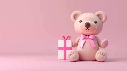 Obraz premium A pink teddy bear sits on a pink background holding a pink gift box with a pink bow.