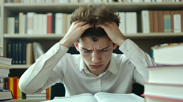 Stressed Student at Cluttered Desk During Exam Preparation
