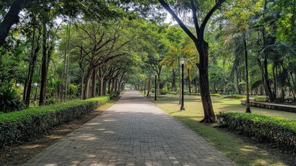Fototapeta premium A serene pathway lined with lush trees, perfect for nature walks and relaxation.