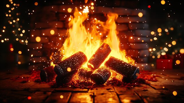 Cozy Festive Fireplace With Glowing Logs And Holiday Ambiance : Generative AI