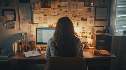 A woman focused on her work surrounded by creative ideas and inspiration.
