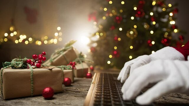 santa Claus tapping on keyboard under Christmas tree 