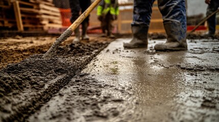 Construction workers pouring and smoothing concrete at a job site.