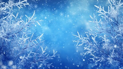 A wintery scene of a snow-covered forest with blue skies and falling snowflakes